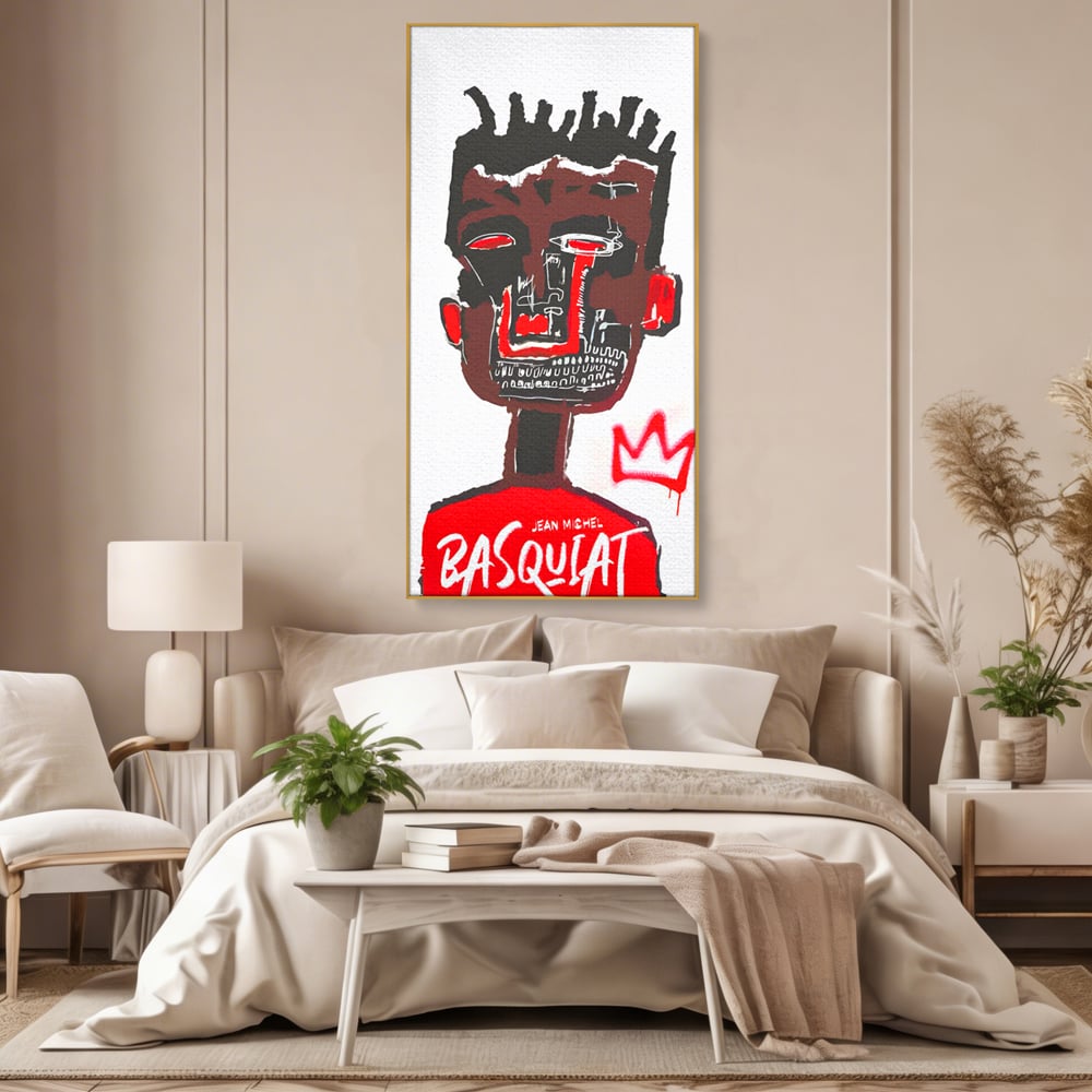 Tablou canvas cu tablou canvas cu portret abstract stil basquiat, in rama de aluminiu auriu, pe perete intr-un dormitor